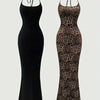 2pcs Women’s Elegant Halter Neck Backless Knit Dresses, Long Mermaid Tail, Stretchy Polyester & Elastane Blend, Solid Black and Leopard Print, Machine Washable, All-Season Bodycon Design, Versatile Fashion | Backless Gown |