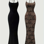 2pcs Women’s Elegant Halter Neck Backless Knit Dresses, Long Mermaid Tail, Stretchy Polyester & Elastane Blend, Solid Black and Leopard Print, Machine Washable, All-Season Bodycon Design, Versatile Fashion | Backless Gown |