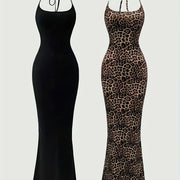 2pcs Women’s Elegant Halter Neck Backless Knit Dresses, Long Mermaid Tail, Stretchy Polyester & Elastane Blend, Solid Black and Leopard Print, Machine Washable, All-Season Bodycon Design, Versatile Fashion | Backless Gown |