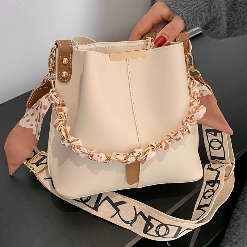 Women's Elegant Bohemian Bucket Crossbody Bag - Adjustable Shoulder Strap, Zipper Closure, with Golden-Tone Hardware, Versatile for Daily Commute & Casual Outings (Black/White)