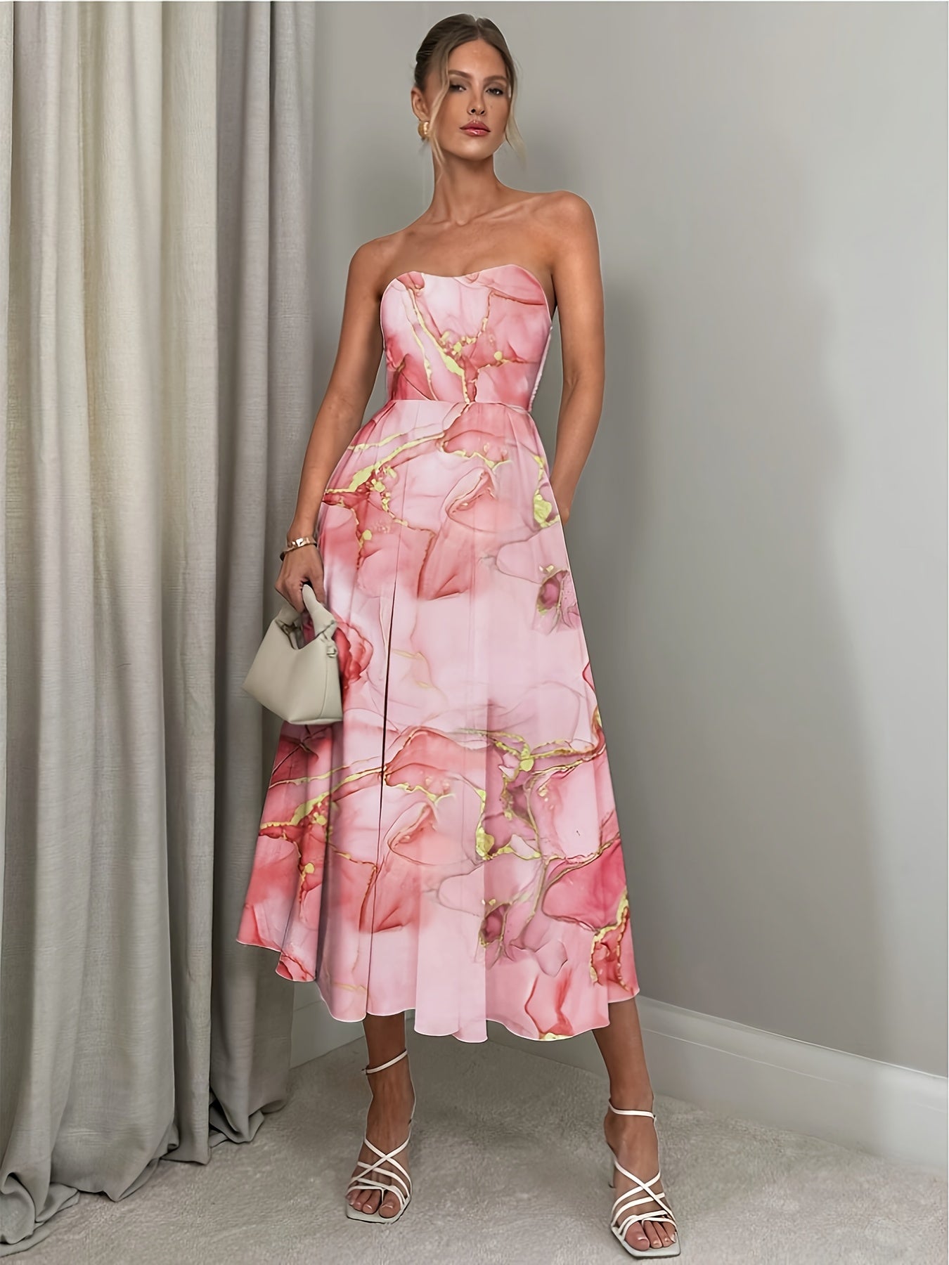 Women's Elegant Off-Shoulder A-Line Floral Print Rose Print Dress - Knee-Length with Ruffled Hem & Waist Tie, Machine Washable for Weddings, Parties, Graduations, Prom - Pink Floral Print Formal Evening Dress, Event Attire |