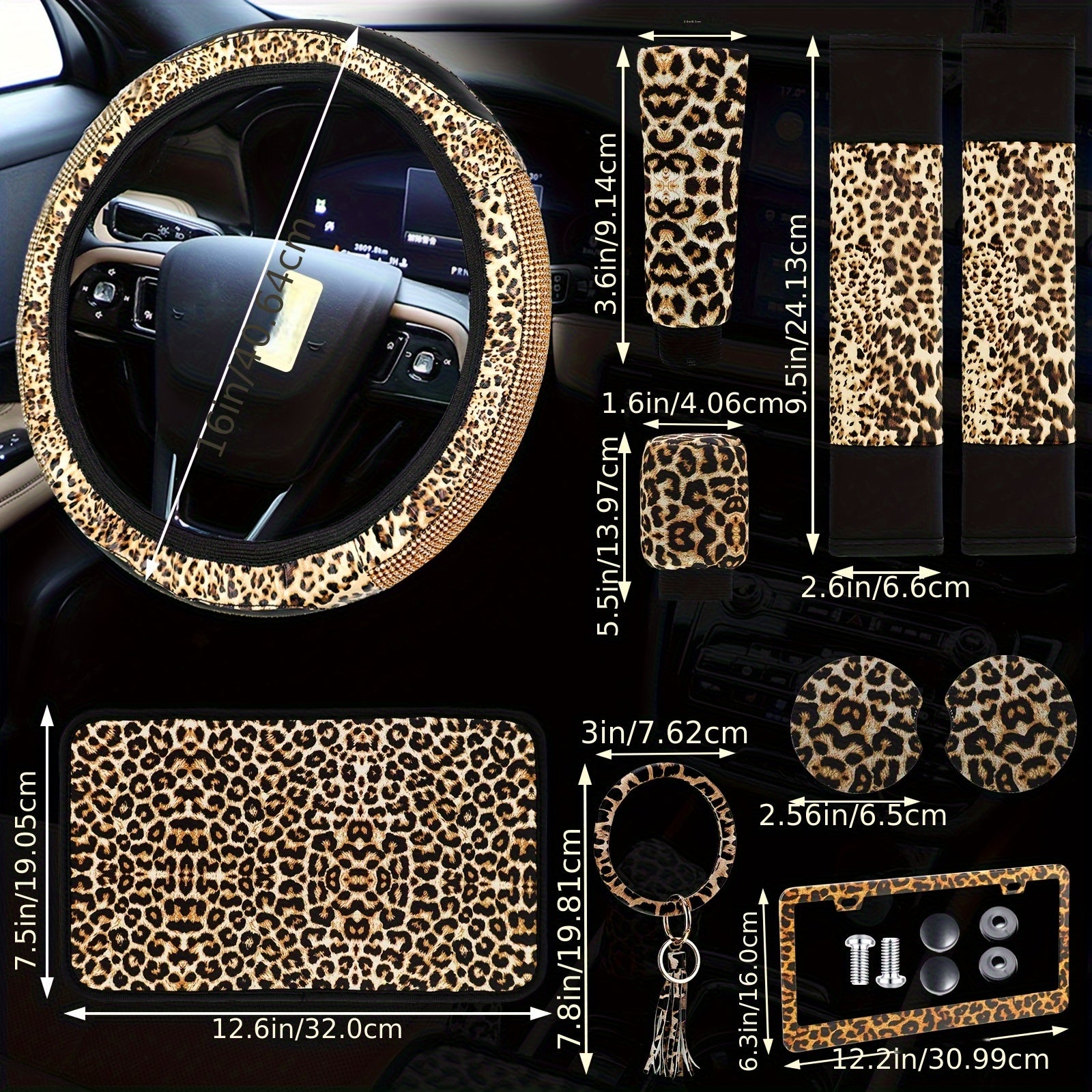 10pcs Leopard Print Car Accessory Set - Diamond Cheetah Design with Steering Wheel, Seat Belt Covers, License Frame, Armrest Pad, Cup Holder, Keyring & Bracelet for SUVs and Trucks - Fashionable & Stylish - For Car Enthusiast