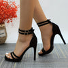 Elegant Women's Black Stiletto Sandals - Open Toe, High Heel, Ankle Strap, Buckle Detail | Synthetic Cover, Sophisticated Dress Shoes for Weddings, Proms, and Parties