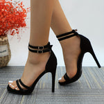 Elegant Women's Black Stiletto Sandals - Open Toe, High Heel, Ankle Strap, Buckle Detail | Synthetic Cover, Sophisticated Dress Shoes for Weddings, Proms, and Parties