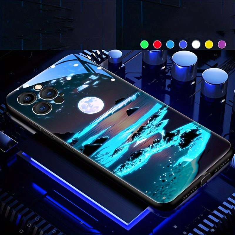 Glowing Meteor Sunset Beach Smart Voice-Controlled Luminous Phone Case Compatible with Samsung S24 Ultra/S23 Ultra/S23 FE/S21 FE/S22 Ultra/S21 Ultra/Iphone 15 14 Plus 13 12 11 Pro Max, Featuring Night Glow Technology And an E