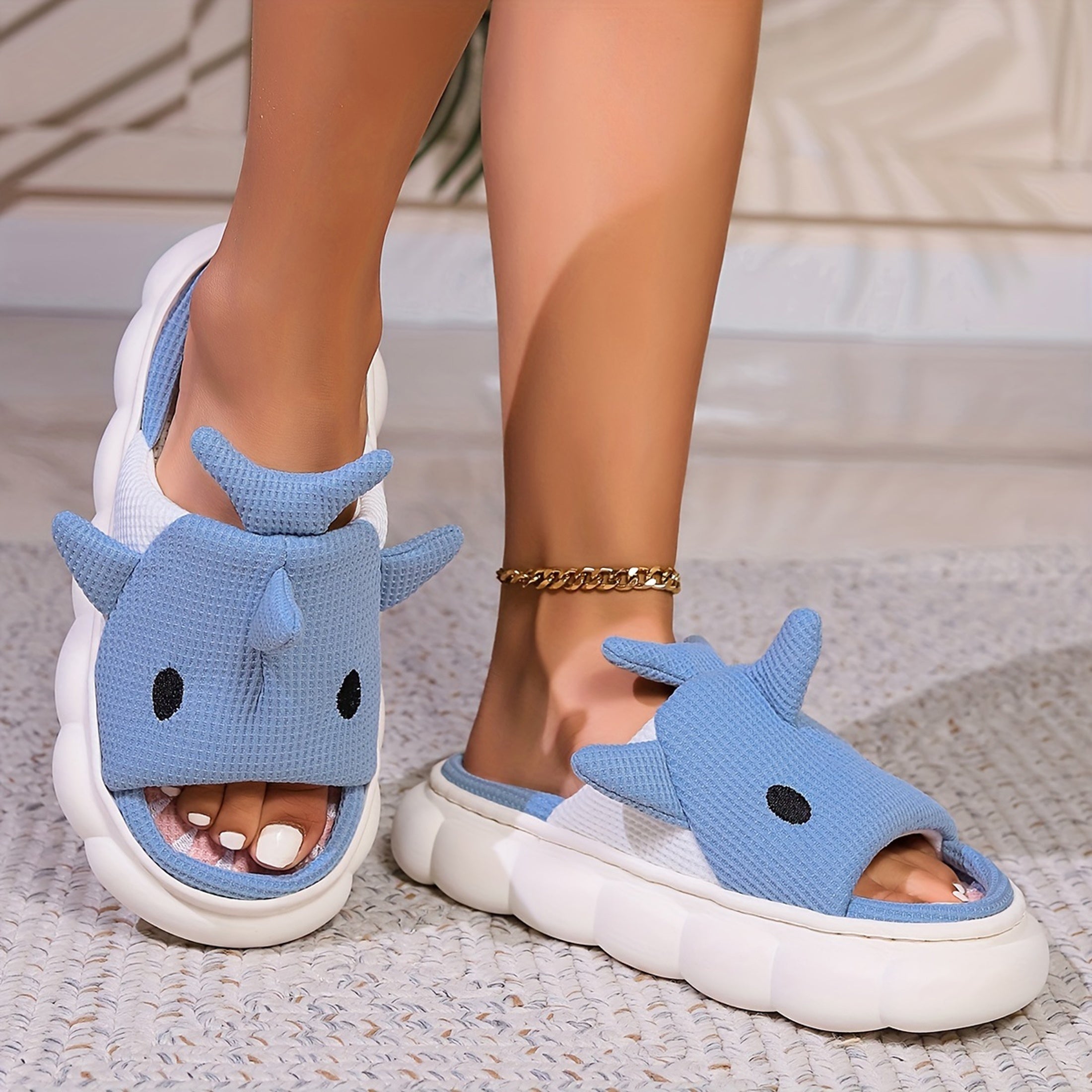 Women's Cartoon Shark Graphic Design Home Slippers With Linen Uppers, Lightweight Slip On Indoor Shoes, Spring Summer And Autumn