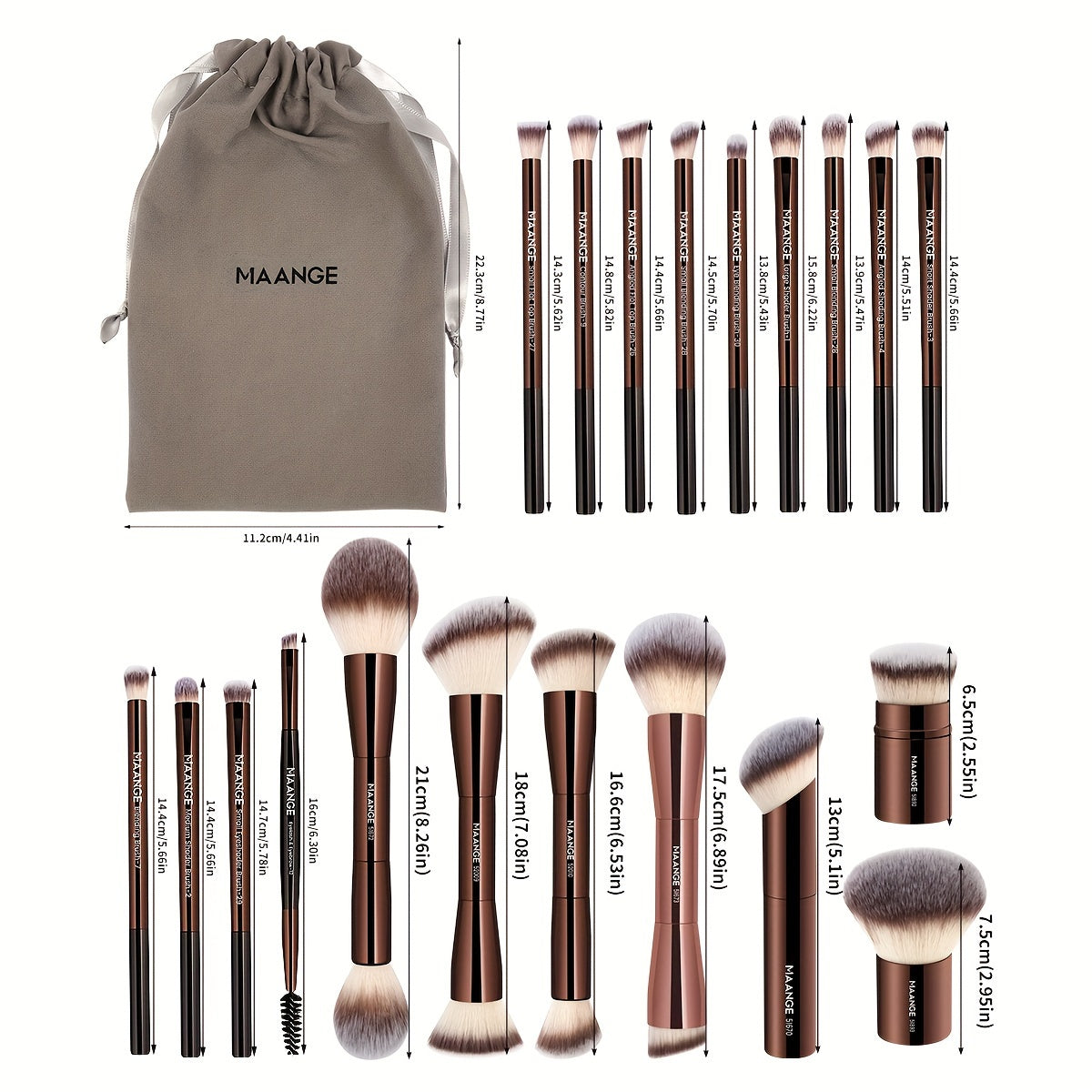 MAANGE 21-Piece Professional Makeup Brush Set, Includes 20 Aluminum Tube Brushes with Velvet Bag, Foundation, Contour, Powder, Blush, Eyeshadow, Eyelash, Browsing Brushes, Travel-Friendly, Unfragranced, Nylon Bristles, Metal