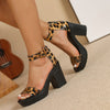 Women's Leopard Print Block Heel Sandals - Stylish Open Toe Ankle Strap Pumps with Zipper Closure, Black Platform High Heels for Summer Fashion, Fashion Sandals | Stylish High Heels | Durable Sandals