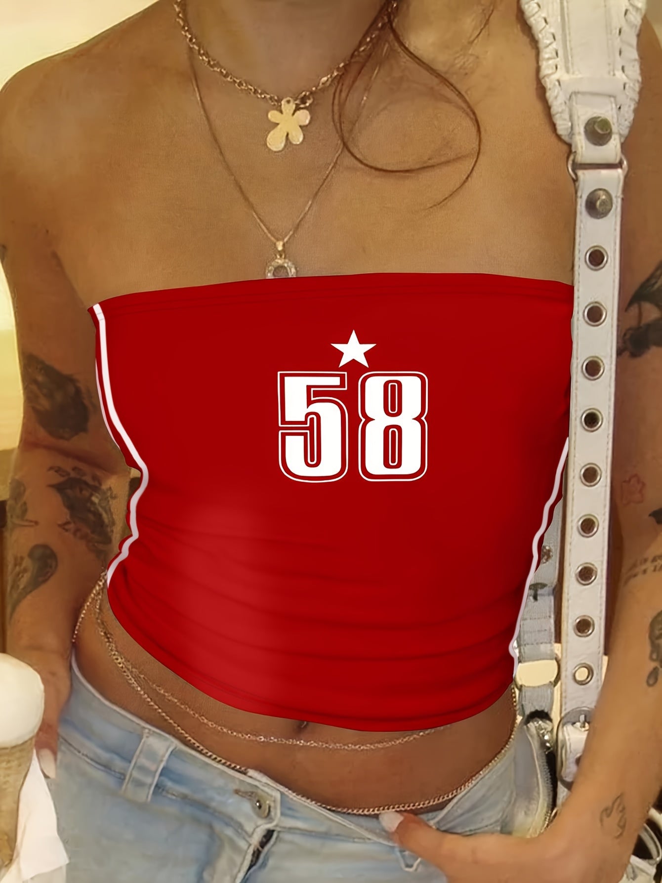 Number Print Tube Top, Casual Strapless Slim Fit Crop Top for Spring & Summer, Women's Clothing