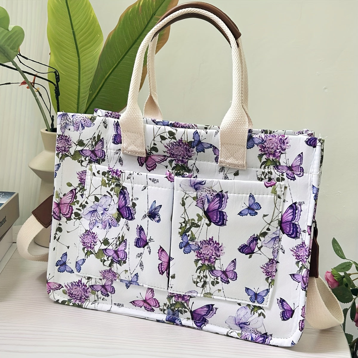 Butterfly Tote Bag For Women Canvas Patched Purse Cute Shoulder Bag Multi-Pocket Satchel Handbag For Work Books Travel, Bag Only