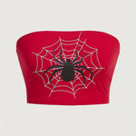 Women'S Stylish Off-Shoulder Red Top with Black Spider Web Print - Casual, All-Season, Sleeveless, Casual Wear|Spider Web Design|Stretchy Fabric