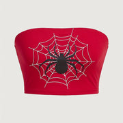Women'S Stylish Off-Shoulder Red Top with Black Spider Web Print - Casual, All-Season, Sleeveless, Casual Wear|Spider Web Design|Stretchy Fabric