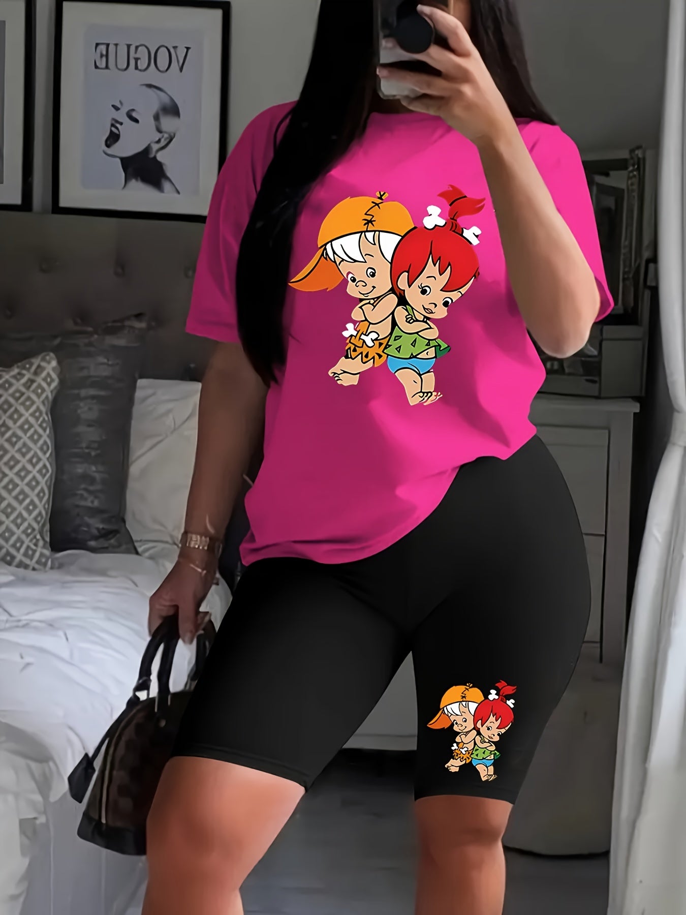 Trendy Cartoon Graphic Tee & High-Waisted Biker Shorts - Soft, Stretchy, and Comfortable Polyester Blend for Spring/Summer Outfits
