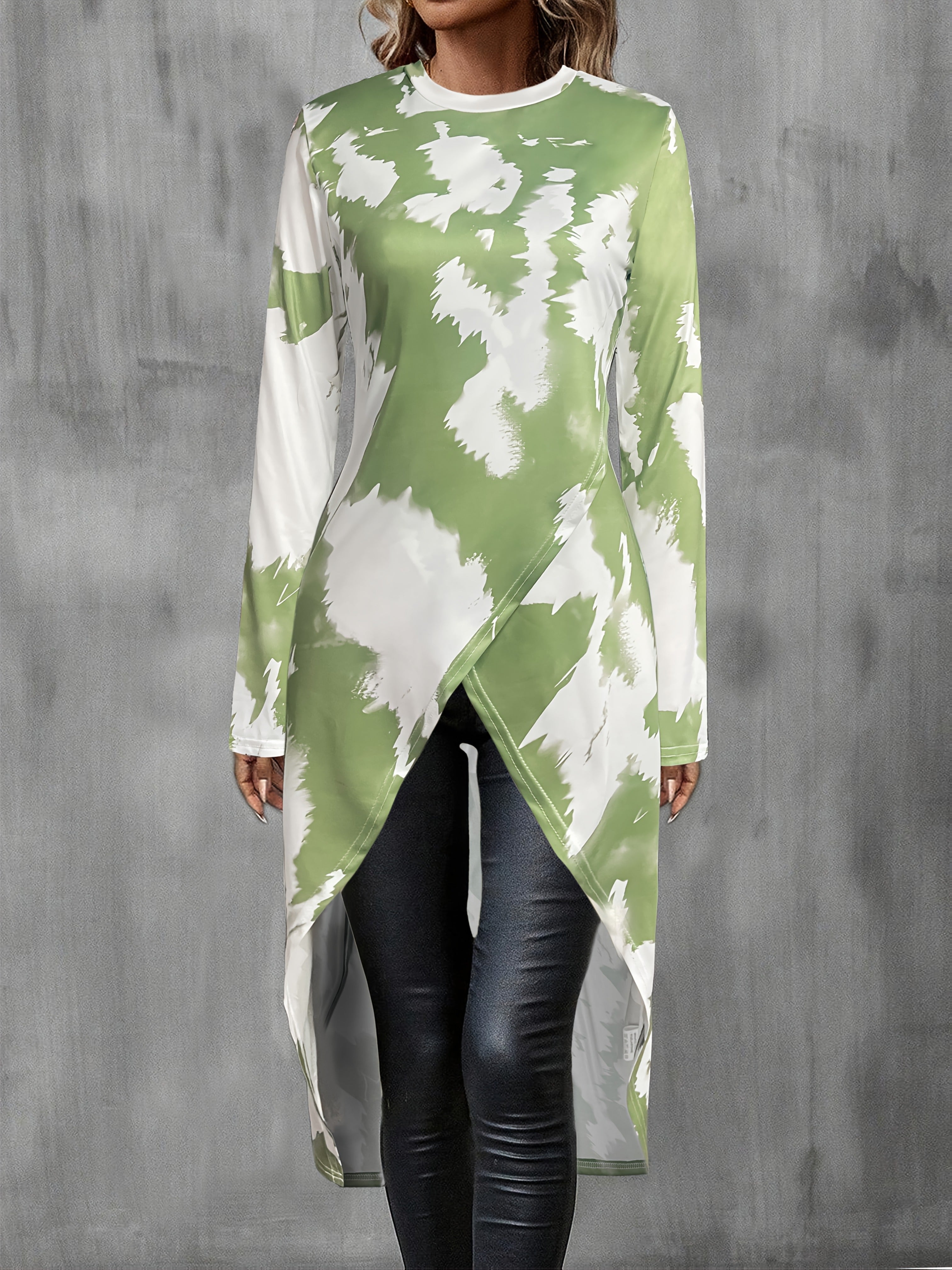 Women's Elegant Long Sleeve Top with Geometric and Striped Print - Round Neck, Asymmetrical Hem, Lightweight Polyester Blend for Spring, Fall, and Winter