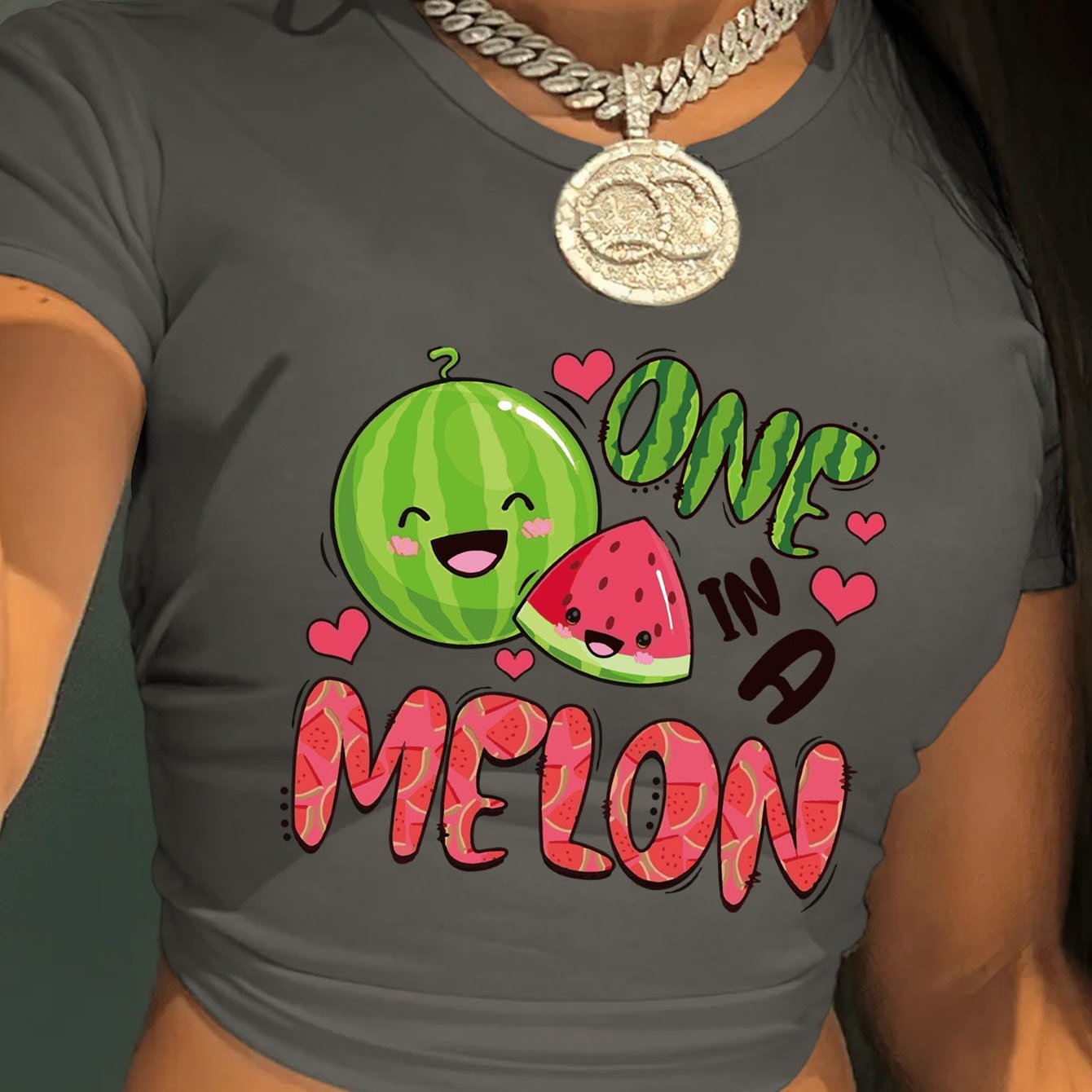 Women's Y2K Graphic Print Cropped T-Shirt - "ONE IN A MELON" Watermelon & Hearts Design, Light Grey Short Sleeve Crop Top, Machine Washable Casual Summer Tee, Tiktok Style Clothing | Crop Top Style | Nontransparent Fabric, Cu