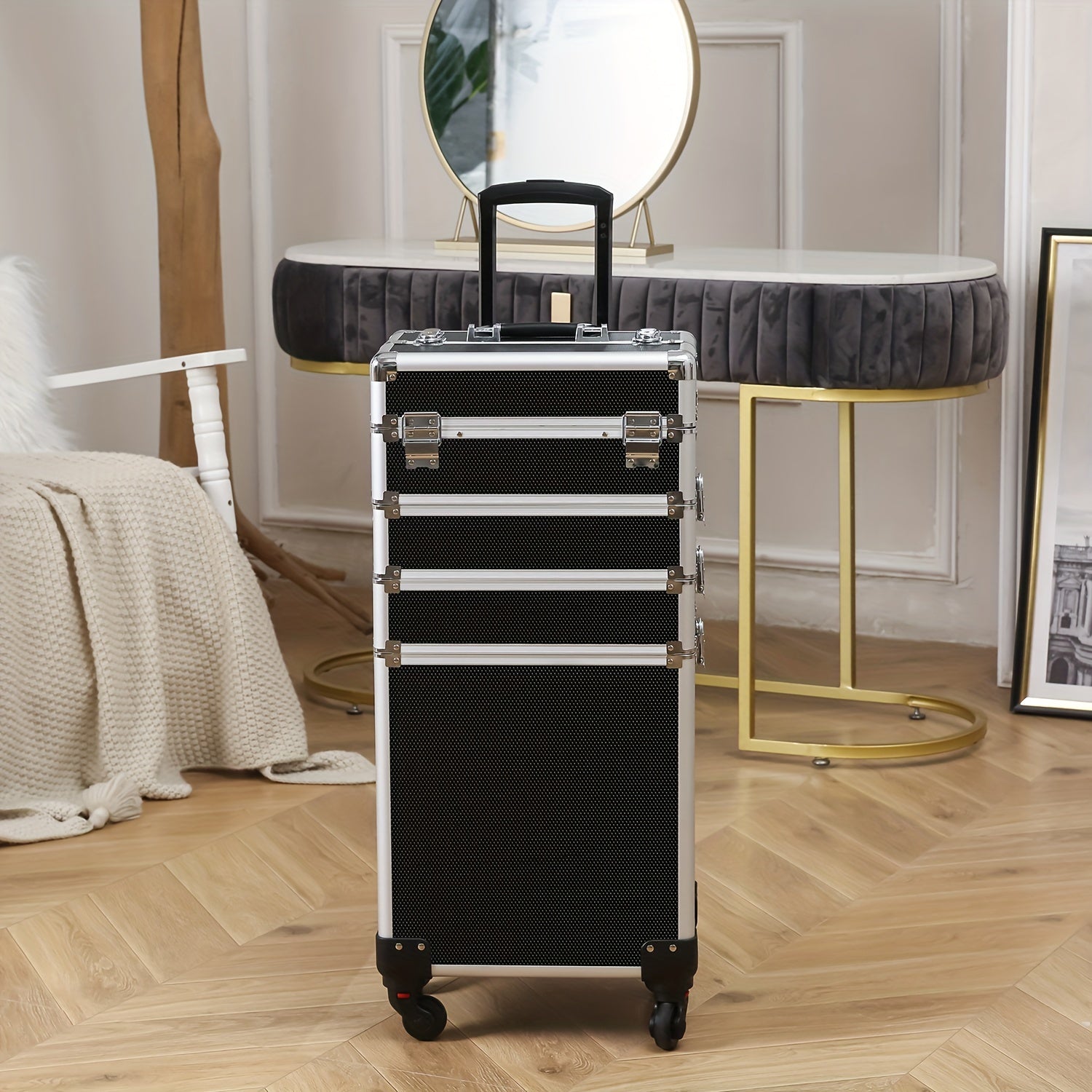 4in 1 Aluminum Cosmetic Professional Makeup Case Tattoo Box, Extra Large Cosmetic Case Rolling Makeup Case Trolley Makeup Travel Organizer with 360° Swivel Wheels Pink Black