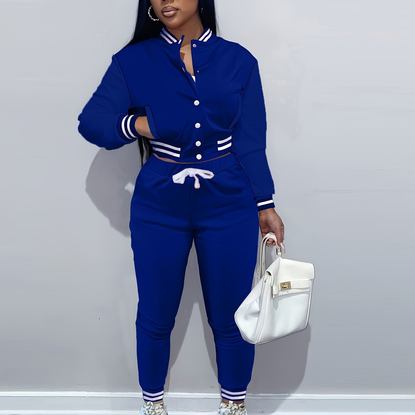 Casual Two-piece Set, Button Front Bomber Jacket & Drawstring Pants Outfits, Women's Clothing