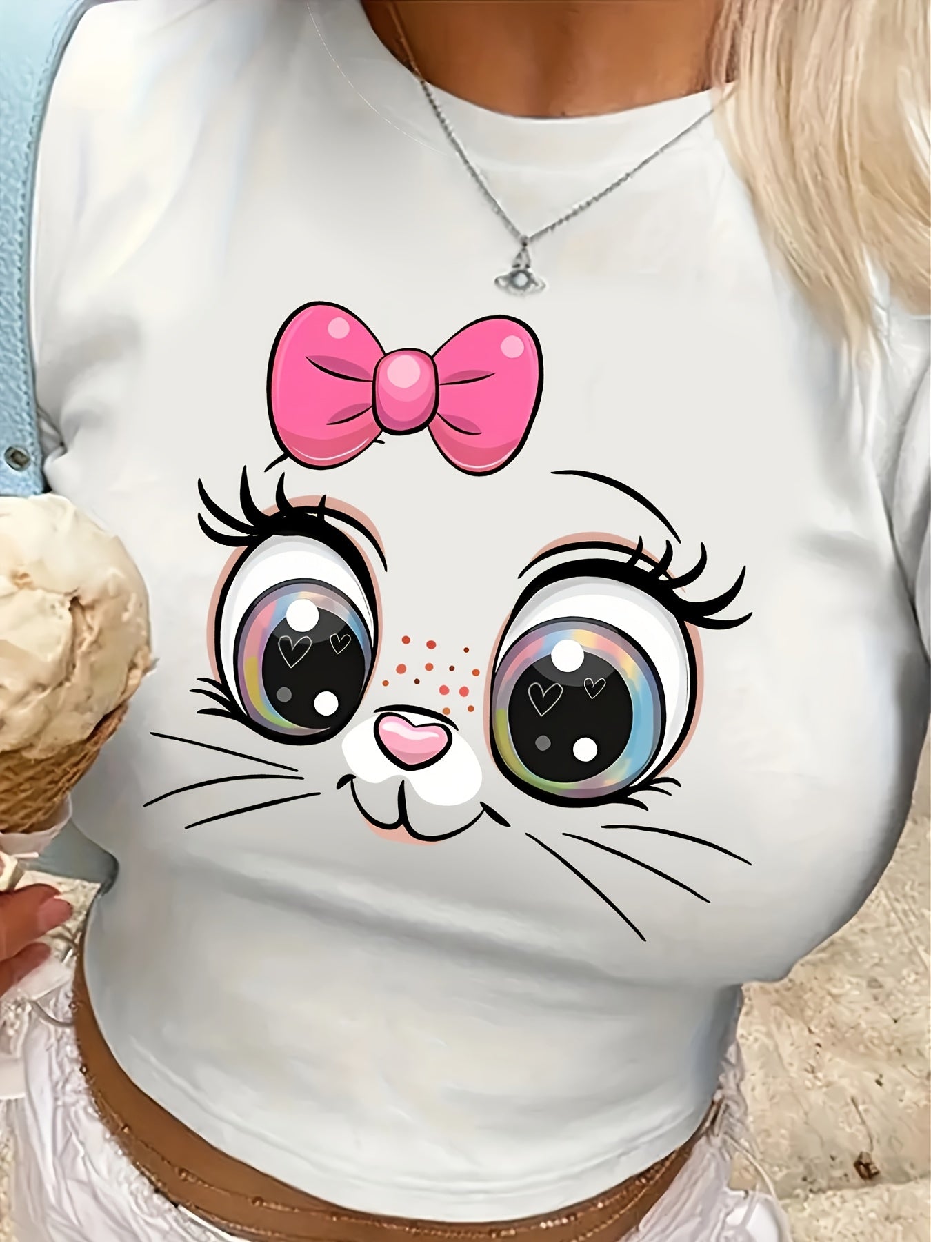 Cartoon Rabbit Graphic Print Cropped Top T-Shirt - Y2K Round Neck Fitted Cropped T-Shirt Made of a Polyester And Spandex Blend (95% Polyester, 5% Spandex) for Spring And Summer.