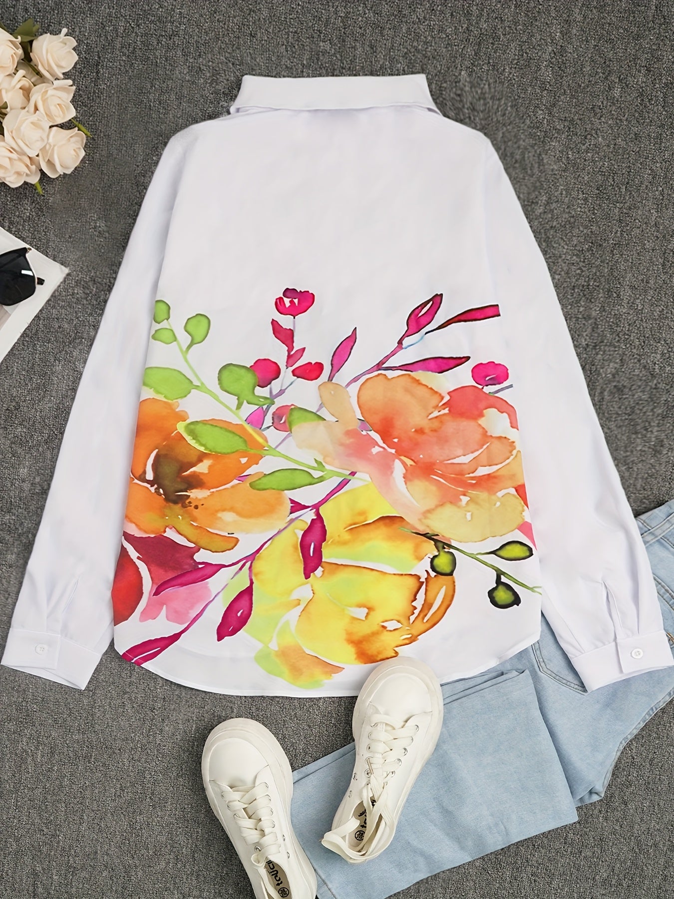 New Women'S Casual Ink Painting Printed Button-Up Long Sleeve Shirt