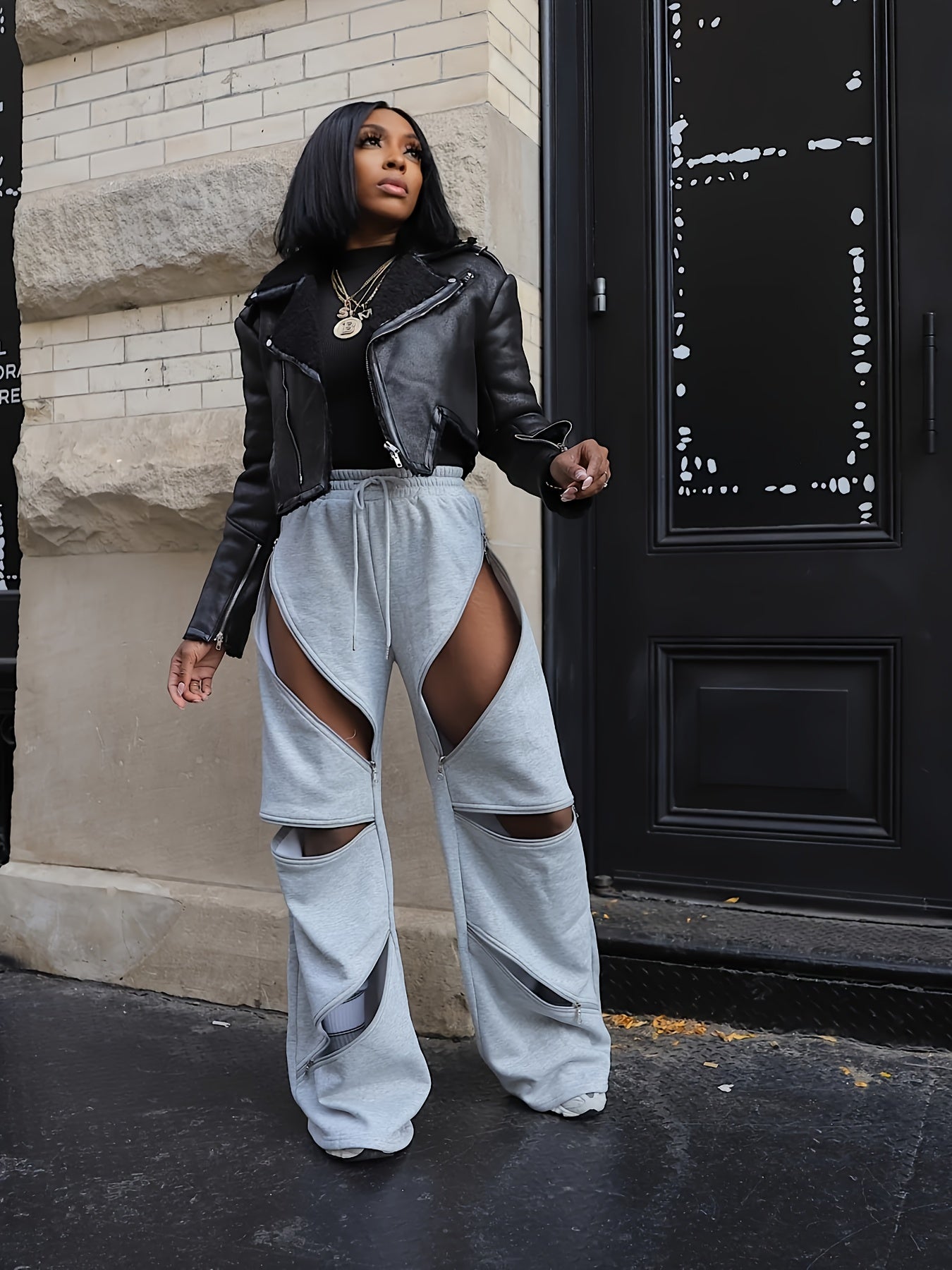 Women'S Chic European and American Fashion Flare Leg Pants with Multiple Zippers, Sexy Elastic Waistband, Loose Straight Fit - All Season Versatile Wear, Sexy Pants