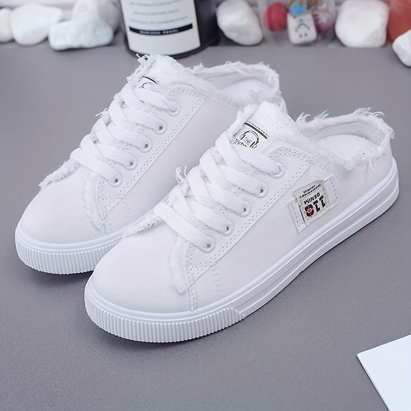 Women's Lightweight Breathable Flat Sole Sneakers - White Distressed Casual Running Walking Shoes with Fabric Upper, EVA Cushioned Sole & All-Season Comfort