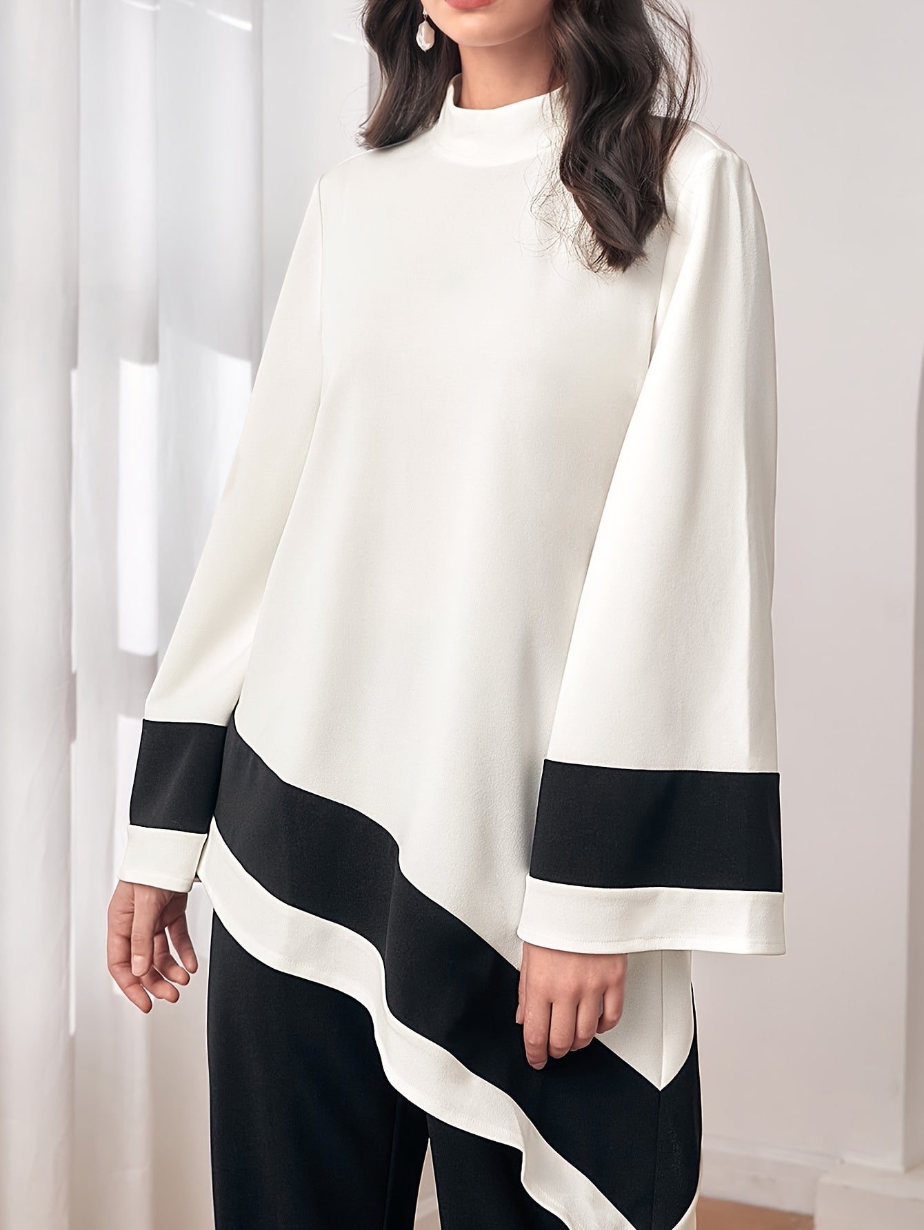 Elegant Stand Collar Asymmetric Hem Top and Pants Set for Women - Polyester Knit Fabric, Solid Color, All Seasons