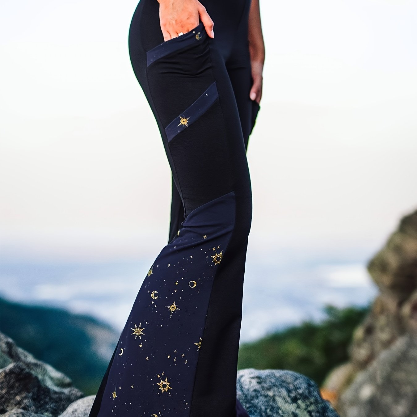 Plus Size Moon Print Flared Pants with Pockets, Casual Spring/Fall Women's Clothing