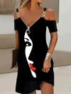 Print Off-Shoulder V-Neck Midi Dress with Chain Straps & Abstract Face Print - Casual Waist-Cinching Pencil Skirt Style for Women, Black with White Portrait Design, Perfect for Spring/Summer/Fall, Seasonal Fashion | Nontransp