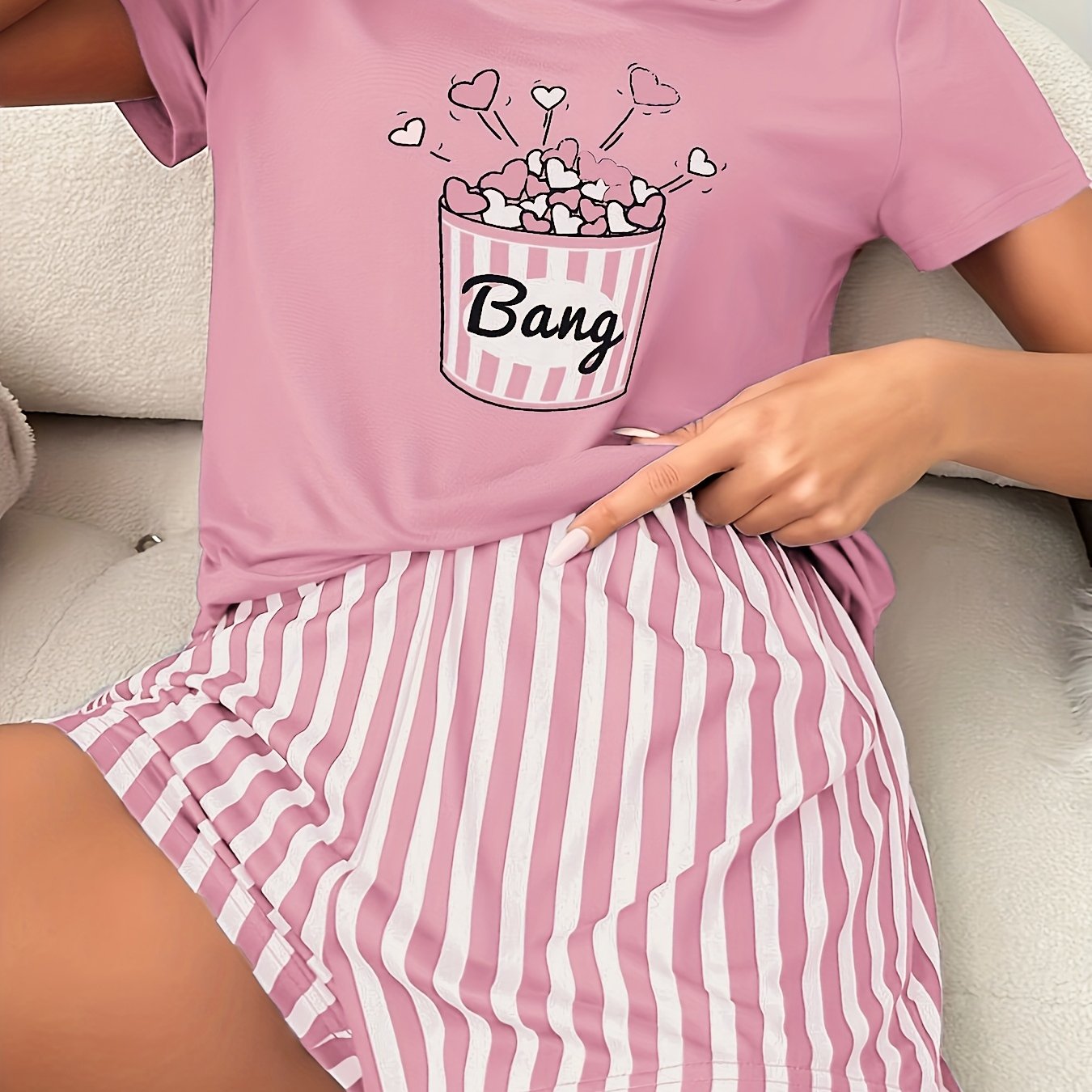 Women'S Casual Crew Neck Pajama Sets, Polyester 95.0% Elastane 5.0%, All-Season Comfort, Heart Pattern, Adult Sleepwear, Loungewear|Playful Print|Comfortable Fit, Pajamas for Travel