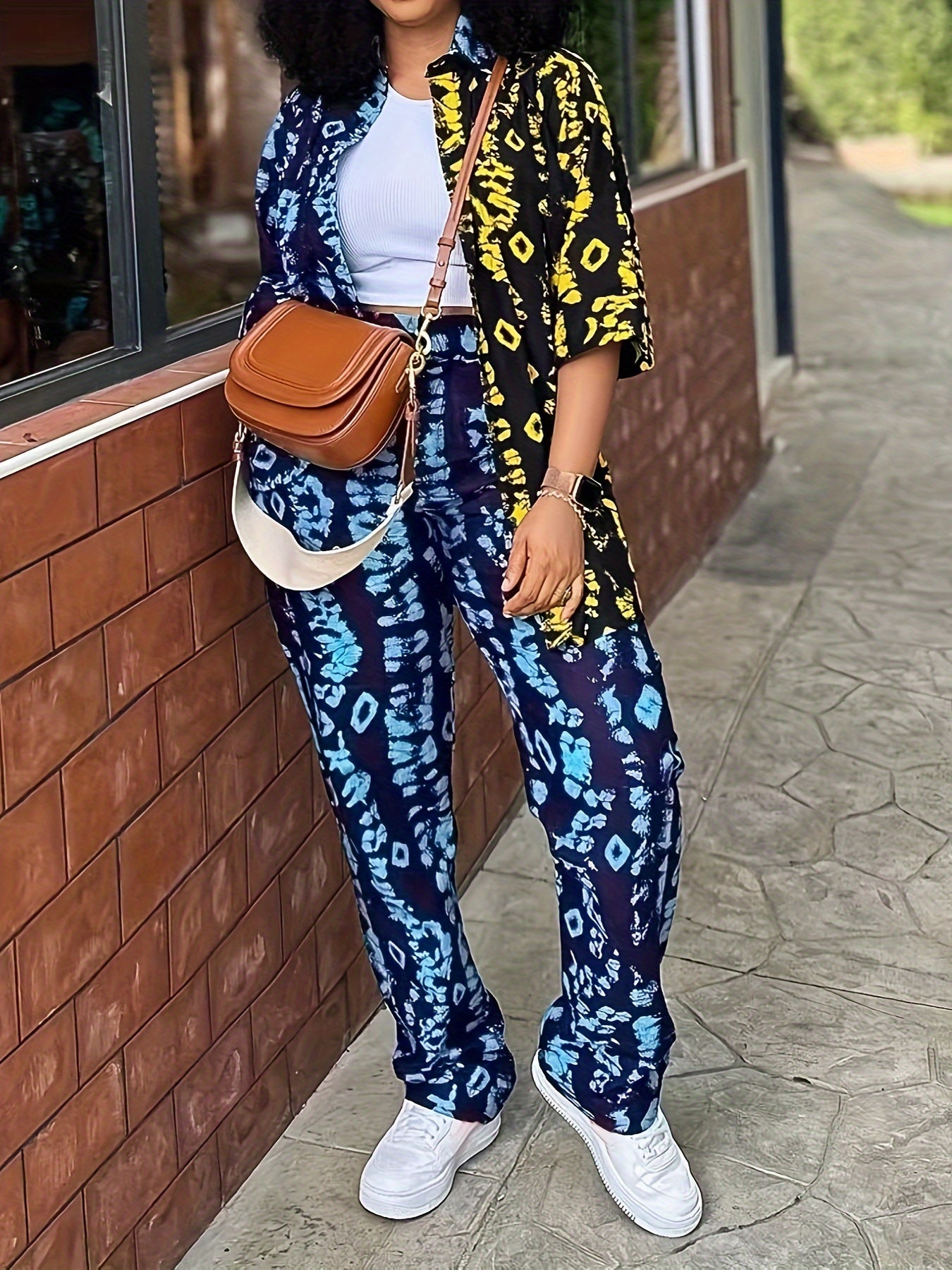 Women's Casual Print Two-Piece Set: Button-Up Shirt & Wide-Leg Pants - Polyester Blend, Vibrant Abstract Pattern, Machine Washable