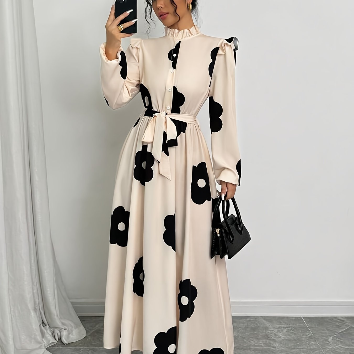 Long Sleeve Polyester A-Line Maxi Dress with Elegant Floral Print, Stand Collar, Waist Detail, Lantern Sleeves, and Ruffle Hem for Spring/Fall