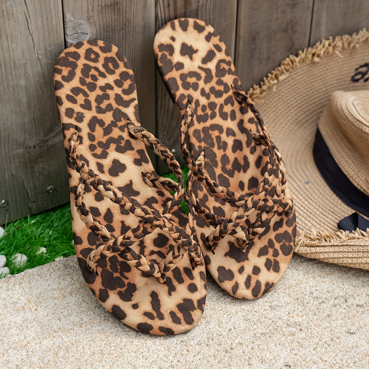 Women'S Vintage Leopard Print Flat Slippers, All-Season Lace-Up Fabric Upper Sandals with Rubber Sole, Comfortable Strappy Back Slip-On Shoes