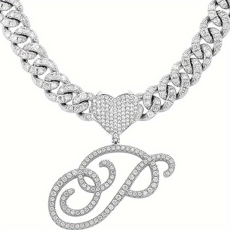 Silvery Cuban Link Necklace - Heart-shaped Alphabet Pendant on Ice Chain - Unisex Hip-hop Jewelry Gift