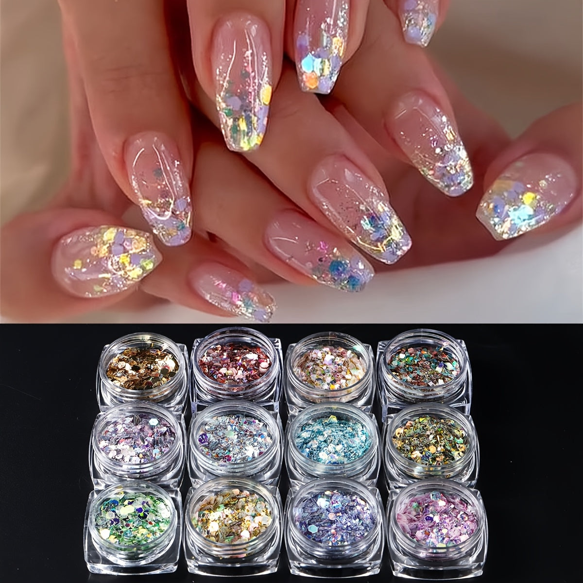 12 Colors Nail Art Glitter Diamond Dust Iridescent Nail Powder Chunky Glitter Confetti Foil Flakes Sequins for Nail Art Supplies, Gel Polish, Y2K Mermaid Holographic Hexagon Sequins, 3D Mirror Irregular Slices Sparkles