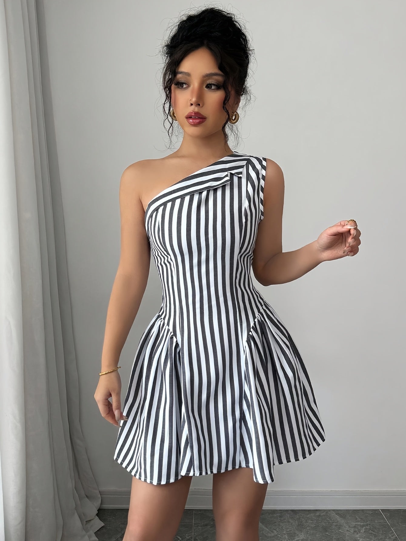 Women's Elegant Striped Asymmetrical Shoulder Sleeveless Mini Dress - A-Line Machine-Washable Spring Summer Fall Casual Chic Dress for Women, Seasonal Fashion | Nontransparent Fabric, Cute Dress