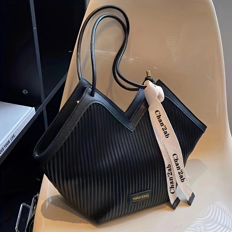 Chic Love-Themed Tote Bag - High-Capacity Beige & Black Design with Ribbon Accent, Versatile for Work and Casual Use, Durable PU Material, Zip Closure