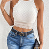 Spring/Summer/Autumn Cropped Halter Neck Tank Top - Elegant French Style White Lace and Textured Fabric, Short Length, Geometric Pattern, Polyester Blend, Knit Fabric