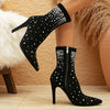 [Elegant Ankle Boots] High Heel Elegant Women's Black Ankle Boots - Chic Mid-Calf Fashion Boots with Rhinestone Accents, Pointed Toe, and Side Zipper