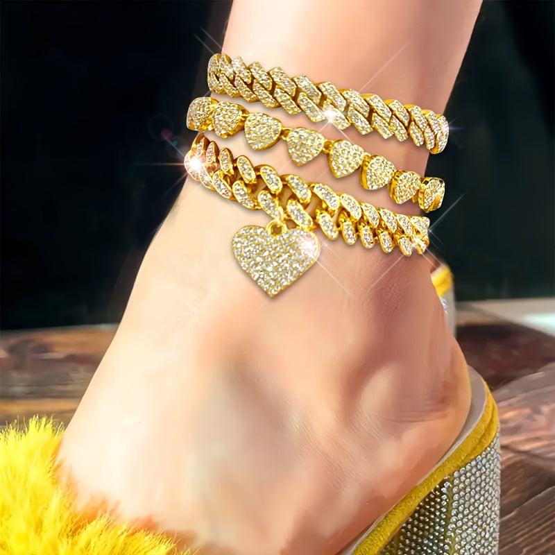 3pcs Women's Elegant Anklet - Shiny Heart Pendant, Rhinestones Inlaid, Zinc Alloy - All-Season Jewelry | Sexy Style | Perfect for Valentine's Day