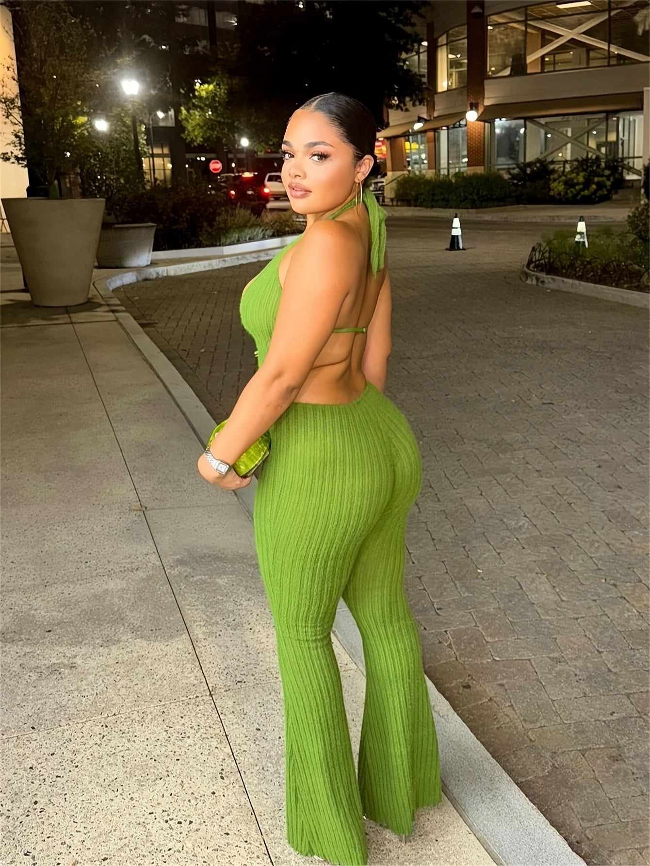 Women'S Sexy Halter Neck Jumpsuit - Solid Color Knit Fabric Unitard with Slim Tie Detail, Polyester 95% Elastane 5%, Flared Leg Design for All Seasons