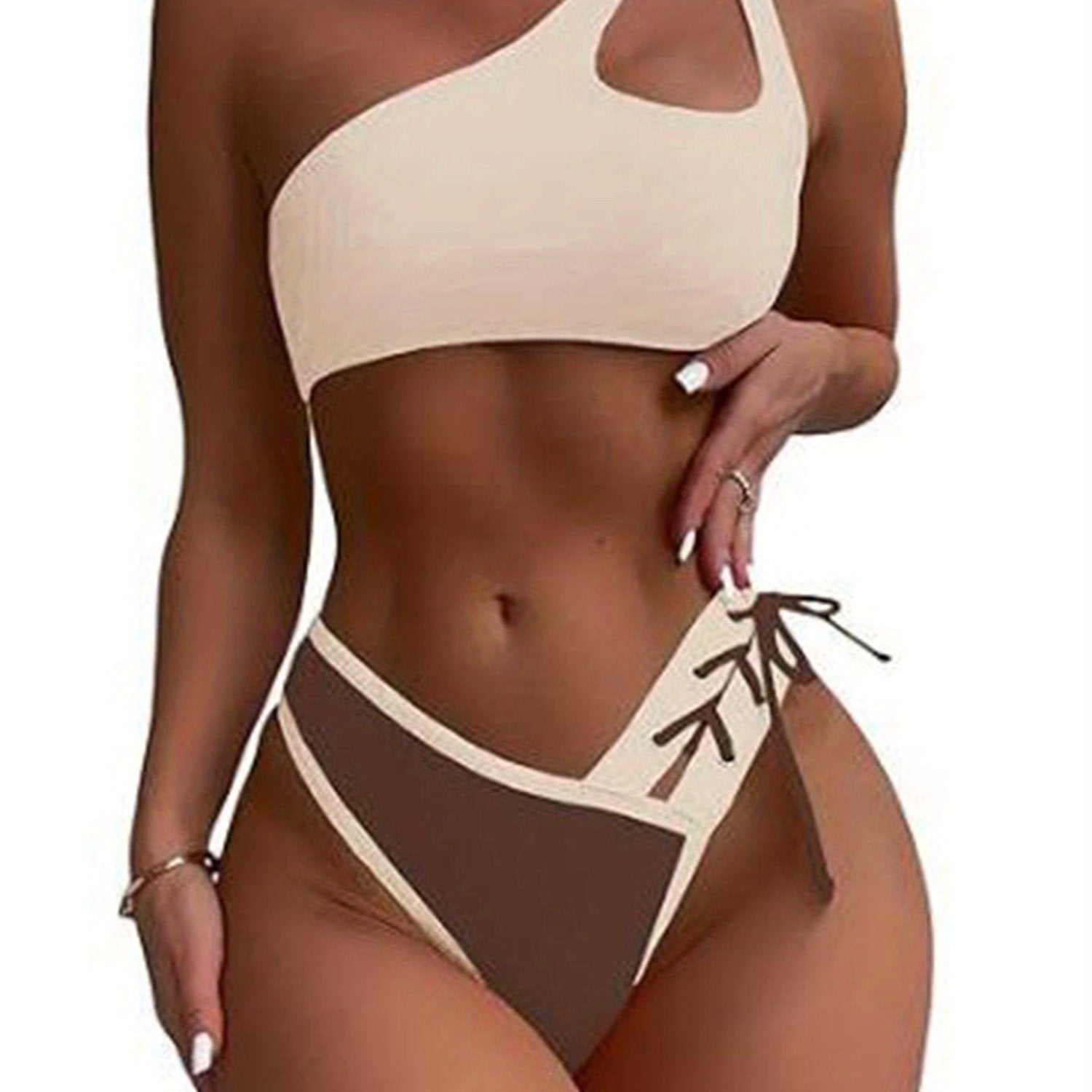 Women Tankini Swimsuits Cutout One Shoulder Bra and Contrast Color Tie up Briefs Sets for Summer Beachwear Bathing Suit