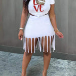 Fringe Hem Skirt & Short Sleeve Graphic Top