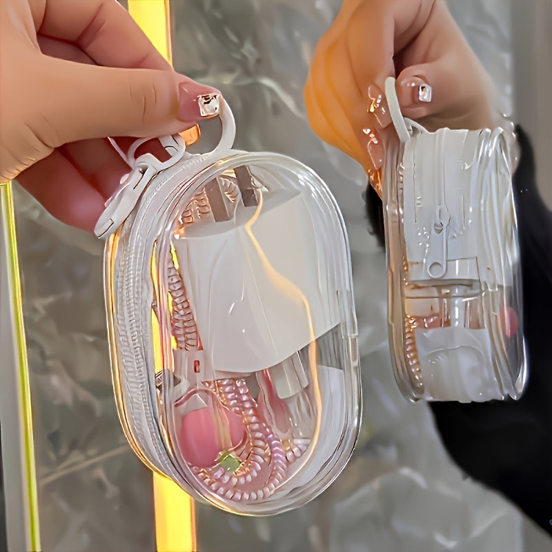 One Portable PVC Cable Storage Box, Casual Style Transparent Charger Storage Box for Headphones and Data Cables, Portable Cable Organizer with Keychain for Chargers, Can also be used to store headphones, cables, jewelry, etc.