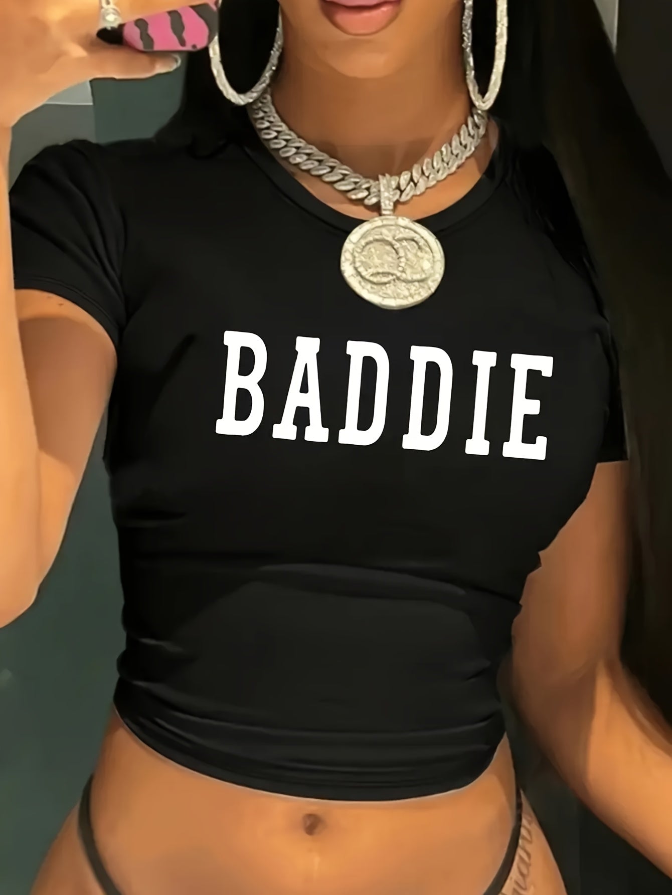 BADDIE Letter Print Crop Top T-Shirt - Soft Polyester Knit, Short Sleeve, Black with White Text, Slim Fit, Casual & Sexy Style for Women