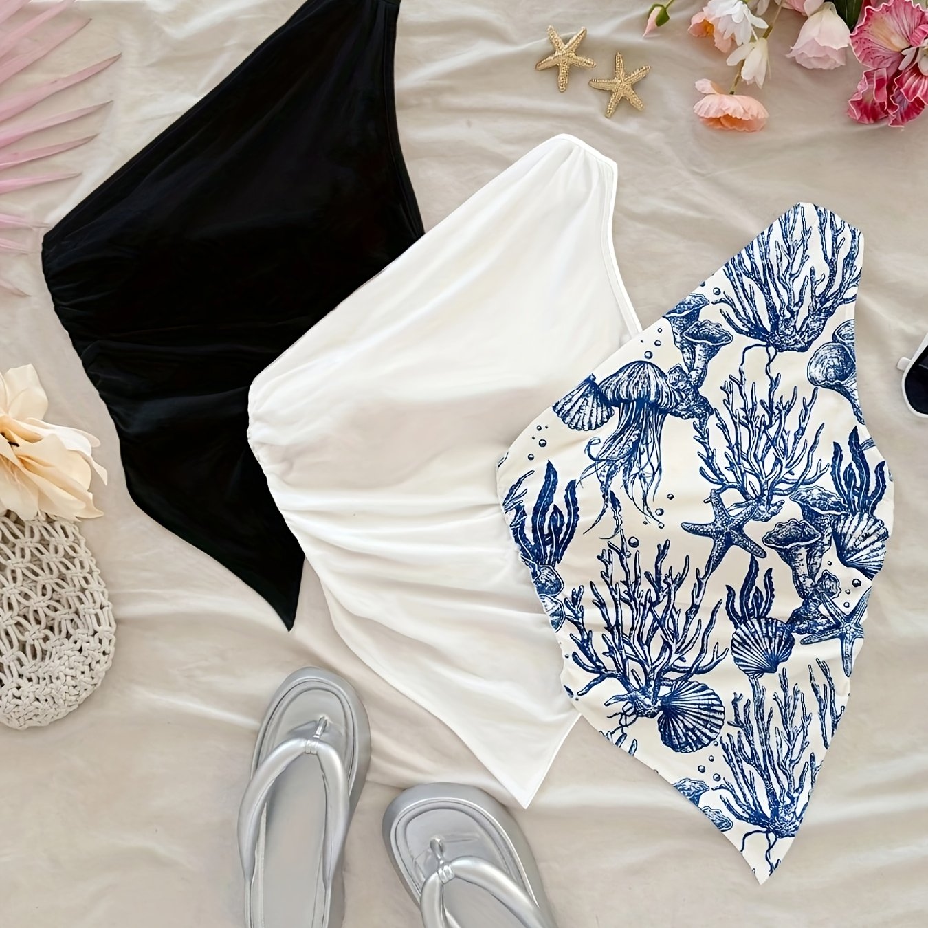 3pcs Casual Women's Shirt Set with Off-Shoulder Design, Asymmetrical Pleats and Ruffles Featuring Ocean Animals and Blue Print