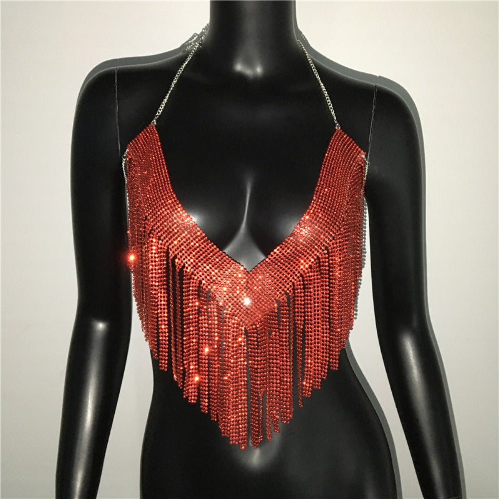 Glamorous Golden-Tone Rhinestone Tassel Necklace - Luxurious Alloy Crop Top with Sparkling Fringe Detail, Perfect for Parties & Celebrations