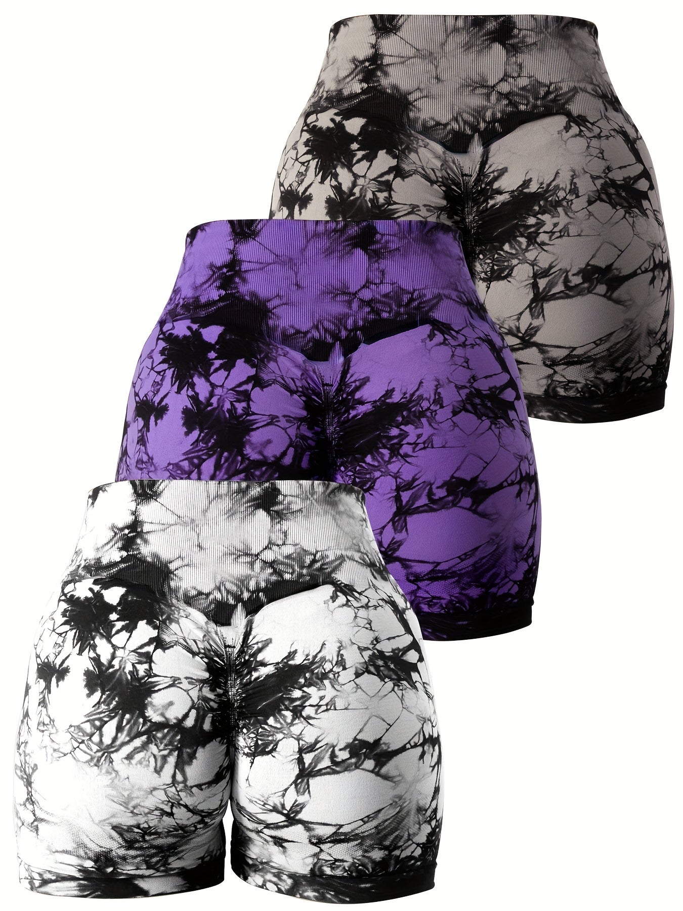 3pcs Women's High Waist Tie-Dye Yoga Shorts - Seamless, Stretchy Nylon Workout Shorts with Vibrant Purple & Black Tie-Dye Pattern, Breathable Gym & Athletic Gear for Summer