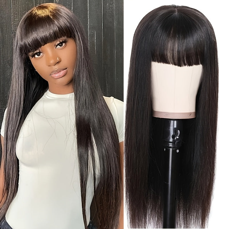 Glueless Bone Straight Wigs with Bangs 100% Long And True Length Human Hair Natural Black Color Wigs for Women Party Gifts Full Machine Made Rose Cap Straight No Glue No Lace Wigs 16inch-40inch