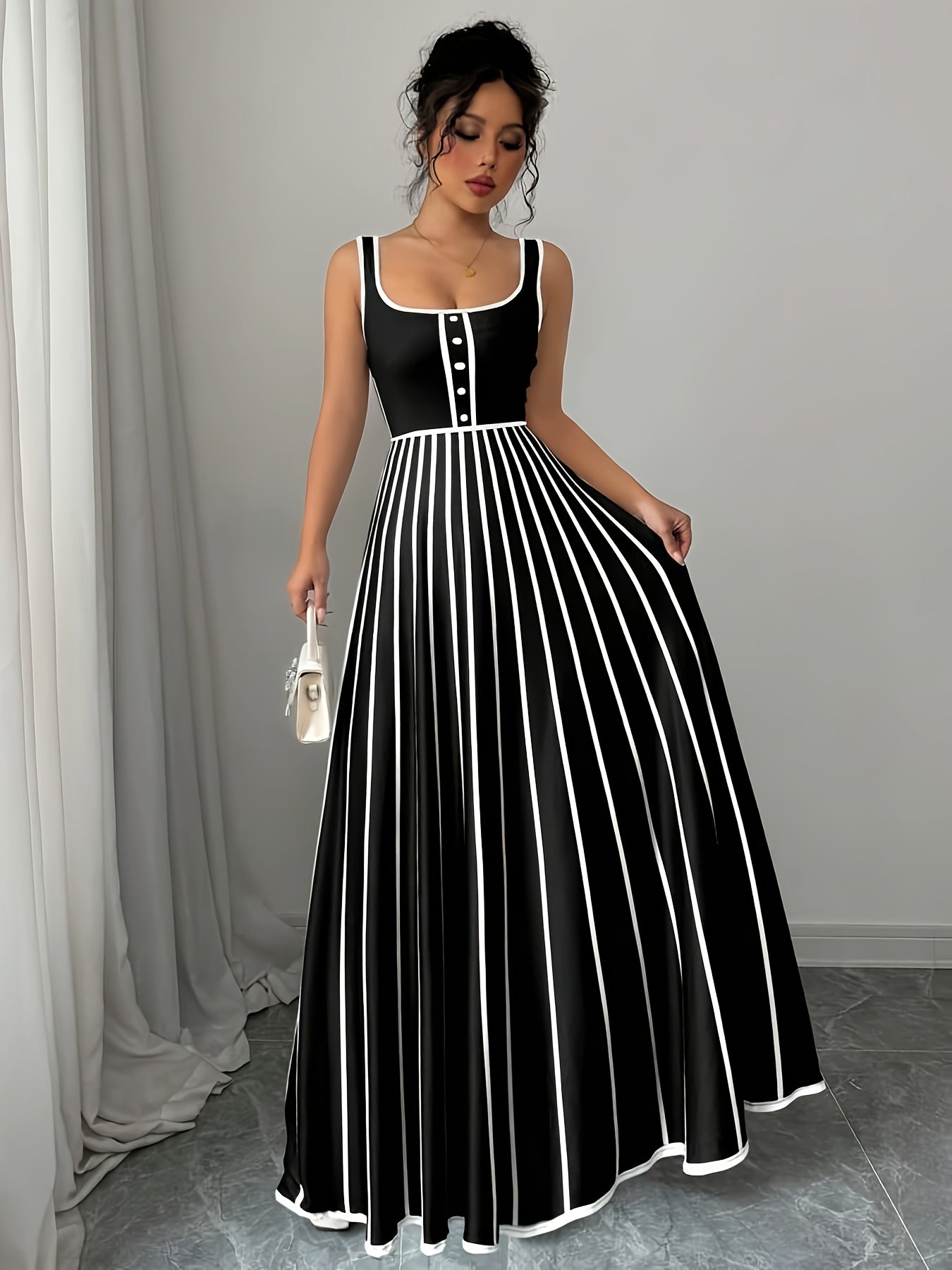 Elegant Striped Sleeveless Maxi Dress for Women - Square Neck, Button Detail, Black & White Vertical Stripes, Flowy Design, Machine Washable, Perfect for Casual or Chic Outfits