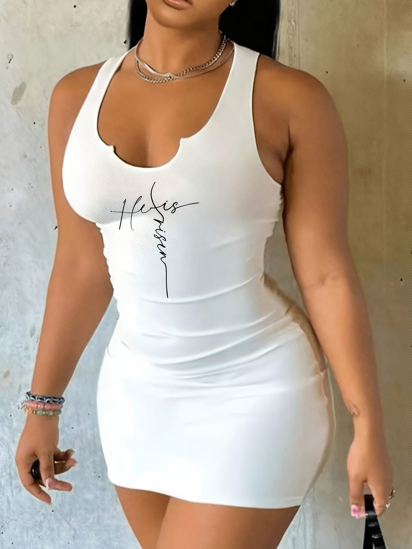 Letter Print Sleeveless Dress, Sexy Notched Neck Bodycon Tank Dress For Spring & Summer, Women's Clothing